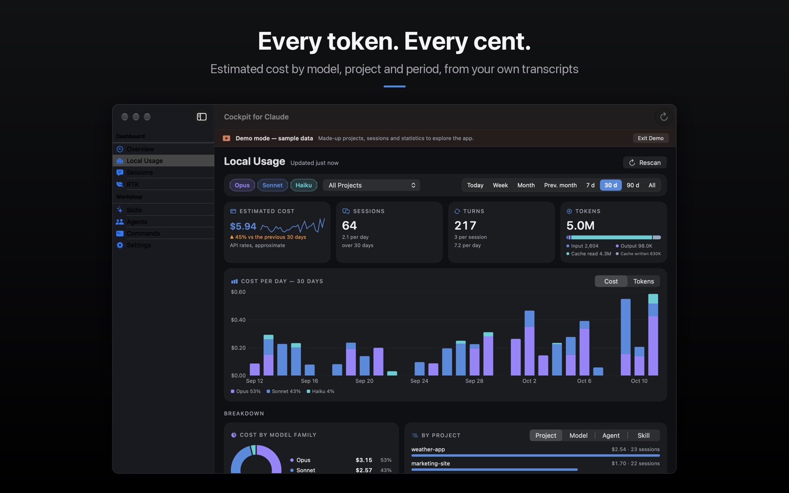 The Local Usage section: model and project filters, a period picker, estimated cost, sessions, turns and tokens, cost per day stacked by model, and a breakdown by model family and project