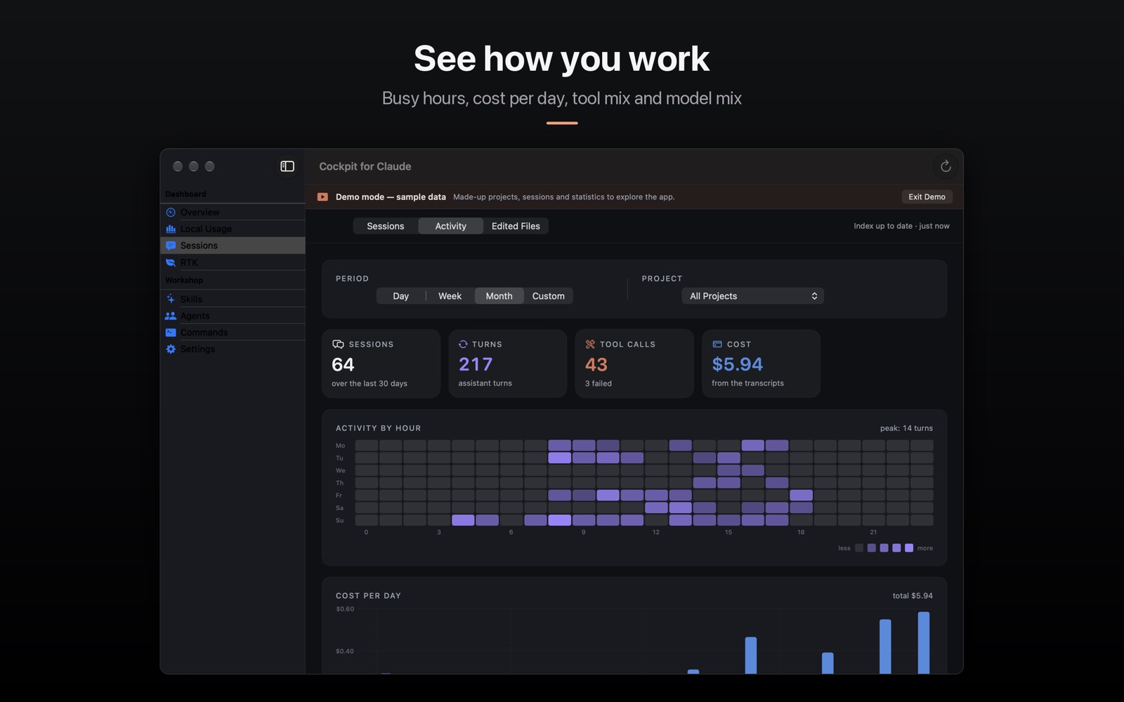 The Activity tab: sessions, turns, tool calls and cost for the period, activity by hour as a heatmap, and cost per day